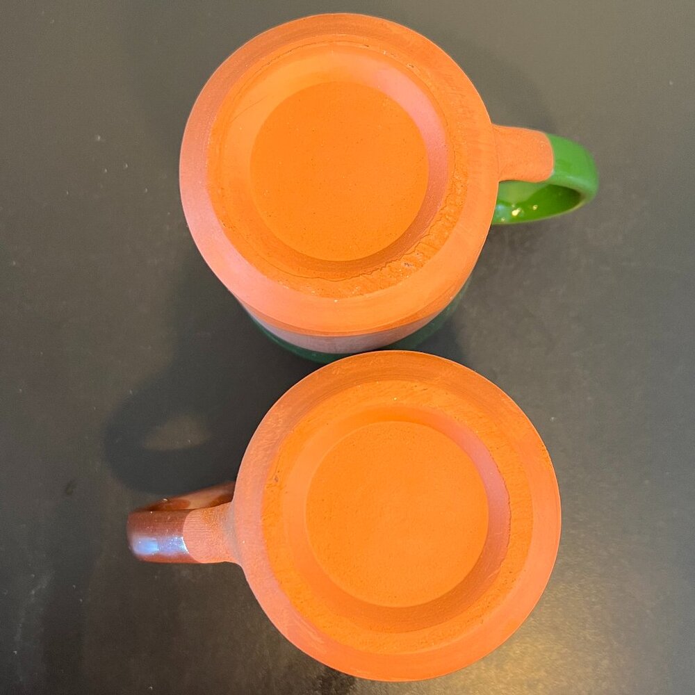 Set of 2 Handcrafted Terra Cotta Pottery Coffee Mugs Asymmetrical Dipped Glaze - Picture 13 of 13
